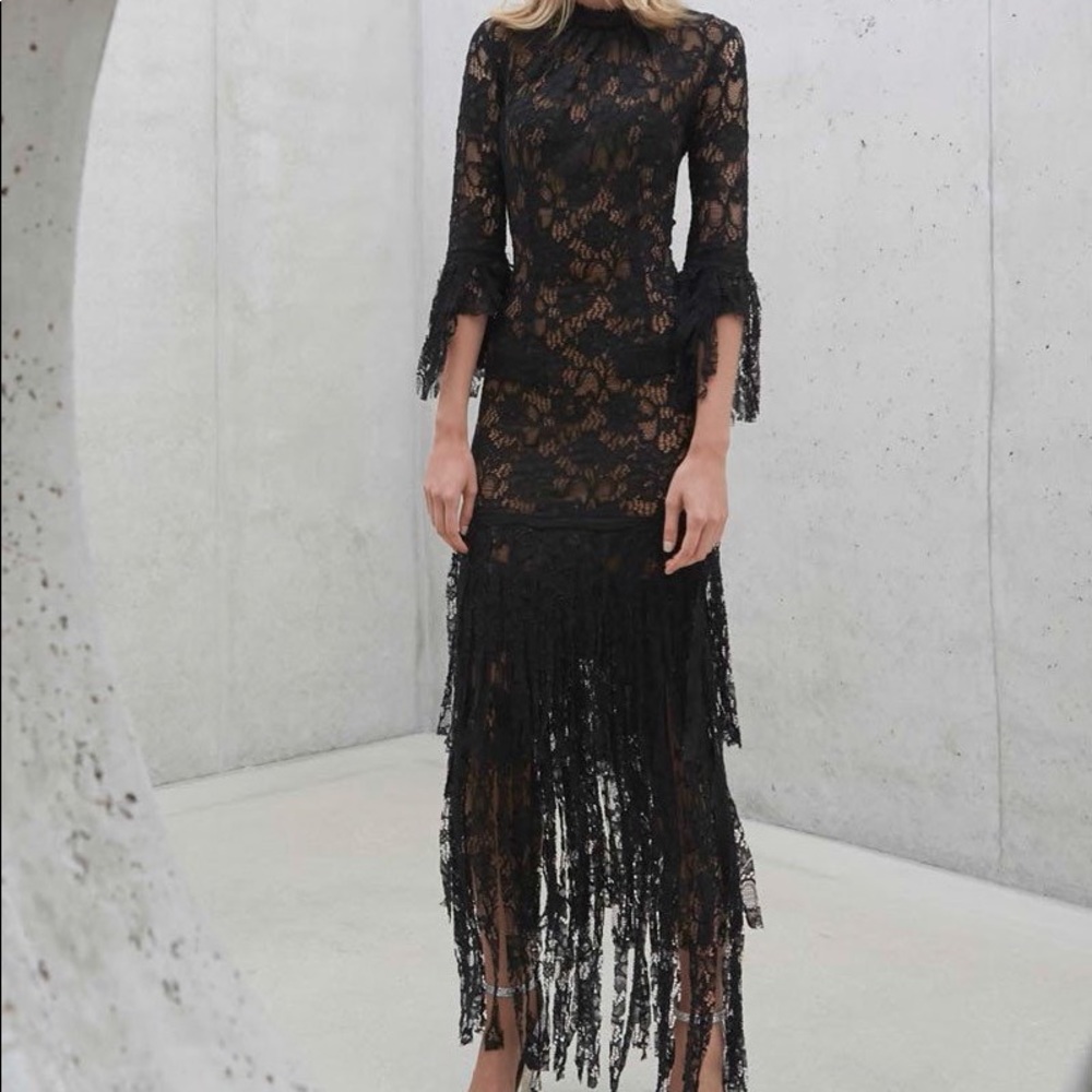 Alexis - black lace nude lining long sleeve dress